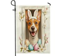 Spring Easter Basenji Dog Funny Bunny Eggs Bandiera Vacanza Stagionale Bandiera Esterna Divertenti Bandiere Da Giardino Per Patio Soggiorno Prato 30X45Cm