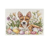 Spring Easter Basenji Dog Puzzle per adulti 300 pezzi, puzzle vintage in legno con uova floreali cuccioli, divertente decorazione per animali domestici per l'intrattenimento domestico