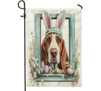 Spring Easter Basset Hound Dog Funny Bunny Eggs Bandiera Da Giardino Decorative Bandiera Di Benvenuto Stagionale Bandiere Per Parete Interni Il Portico 30X45Cm