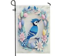 Spring Easter Blue Jay Bird Flower Wreaths Eggs Pattern Bandiera Esterna Moda Bandiera Di Benvenuto Decorative Bandiere Da Giardino Per Parete Il Portico Decorazione 30X45Cm
