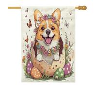 Spring Easter Corgi Bandiera per la casa del cane 71 x 101 cm su entrambi i lati per decorazione esterna, divertente uova carine cucciolo frontyard bandiera casa lino, fiori all'aperto piccolo cortile