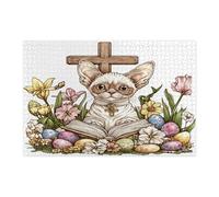 Spring Easter Devon Rex Cat Puzzle per adulti 1000 pezzi, uova di campagna floreali gattino puzzle in legno, decorazioni divertenti per l'intrattenimento domestico