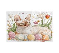 Spring Easter Devon Rex Cat Puzzle per adulti 1000 pezzi, uova floreali vintage gattino puzzle in legno, divertente decorazione per animali domestici per l'intrattenimento domestico