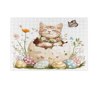Spring Easter Devon Rex Cat Puzzle per adulti 300 pezzi, divertenti uova carine gattino puzzle in legno stampato, decorazioni con motivo floreale per l'intrattenimento domestico