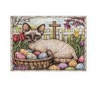 Spring Easter Devon Rex Cat Puzzle per adulti 500 pezzi, puzzle in legno con uova di fattoria croce gattino, decorazioni stampate vintage per feste di intrattenimento