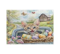 Spring Easter Devon Rex Cat Puzzle per adulti 500 pezzi, puzzle stampati in legno con uova di camion della fattoria, decorazioni per feste di intrattenimento