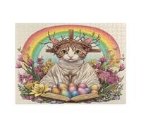 Spring Easter Devon Rex Cat Puzzle per adulti 500 pezzi, retrò croce uova gattino puzzle in legno stampato, decorazioni country per feste di intrattenimento