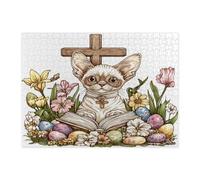 Spring Easter Devon Rex Cat Puzzle per adulti 500 pezzi, uova di campagna floreali gattino puzzle in legno, divertenti decorazioni per la casa
