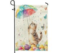 Spring Easter Kitten Cats Fun Umbrella Eggs Pattern Bandiera Vacanza Decorative Bandiera Da Cortile Divertenti Bandiere Per Casa Prato Interni 30X45Cm