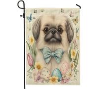 Spring Easter Pekingese Dog Flower Art Eggs Pattern Bandiera Da Giardino Stagionale Bandiera Di Benvenuto Moda Bandiere Da Giardino Per Patio Soggiorno Interni 30X45Cm