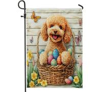 Spring Easter Poodle Dog Flower Basket Eggs Bandiera Vacanza Doppia Faccia Bandiera Da Cortile Decorative Bandiere Per Casa Parete Dormitorio 30X45Cm