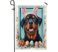 Spring Easter Rottweiles Dog Funny Bunny Eggs Bandiera Di Benvenuto Doppia Faccia Bandiera Decorative Bandiere Per Soggiorno Interni Prato 30X45Cm