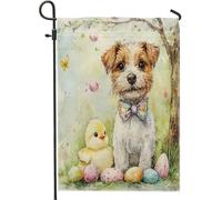 Spring Easter Russell Terrier Dog Cute Chick Eggs Bandiera Di Benvenuto Moda Bandiera Da Giardino Stagionale Bandiere Da Giardino Per Patio Dormitorio Decorazione 30X45Cm