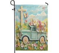 Spring Easter Truck Flower Cross Flowers Eggs Pattern Bandiera Esterna Stagionale Bandiera Da Cortile Decorative Bandiere Da Giardino Per Soggiorno Interni Il Portico 30X45Cm