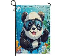 Spring Fun - Bandiere da giardino a forma di panda, 30 x 45 cm, per esterni, con scena oceanica dei cartoni animati, bandiere verticali standard in lino per casa, cortile, cortile, prato, decorazione