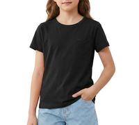 Spring&Gege Maglietta da ragazza con tasca a cuore, top in cotone per ragazze, casual, girocollo, a maniche corte, estiva, per scuola, palestra, feste neon, performance, Nero , 9-10 Years
