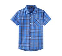 Spring&Gege Ragazzi Camicie abbottonate Scozzese a Quadri a Manica Corte in Cotone con Bottoni Casual per Bambini, Blu, 9-10 Anni