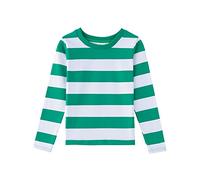 Spring&Gege Ragazzi Maglietta in Cotone a Maniche Lunga a Righe con Scollo Rotondo per Bambini, Verde Bianco, 7-8 Anni