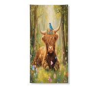 Spring Highland Cows, copertura decorativa per porta, 91 x 182 cm, graziosa porta della foresta Bluebird da appendere per porta d'ingresso, per interni ed esterni, portico con animali