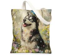 Spring Husky Dog Borsa tote in tela per lo shopping 13 * 15, carino Bluebird Foresta riutilizzabile borsa a tracolla per la spesa per le donne, decorazione regalo pittura animale domestico