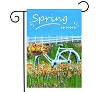 Spring Is Here Beautiful Landscape Bicycle Colorful Flowers Basket Field Bandiera Durevole Bandiere Robuste Flag Per Giardino Portico Balcone 30X45Cm