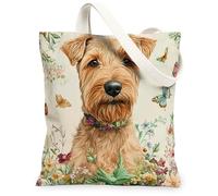 Spring Lakeland Terrier - Borsa tote in tela per lo shopping, 33 x 38 cm, vintage, motivo floreale, riutilizzabile, per donne, decorazione regalo con motivo da viaggio per animali domestici