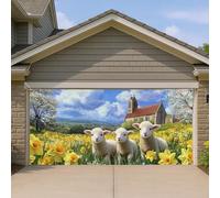Spring Lambs Copertura per porta del garage, pecora pastorale nel campo di fiori, grande decorazione per la porta del garage, decorazione per la casa all'aperto per Pasqua e la stagione primaverile