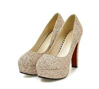 Spring Pattern Fashion Round Head Temperament High-Heeled Women Shoes Golden Silvery Sequins Banquet Marry(Color 4,42)
