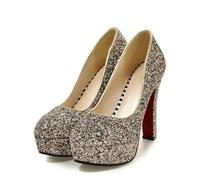 Spring Pattern Fashion Round Head Temperament High-Heeled Women Shoes Golden Silvery Sequins Banquet Marry(Color 1,34)