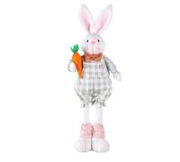 Spring Rabbit Ornament - Extendable Standing Toy, Soft Fabric Country Inspired Design, Flexible Leg Length Feature, Floral Carrot Holding Doll | Festive Easter Decoration For Tiered Tray Centerpiece