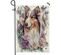 Spring Rough Collie Dog Novelty Flower Art Pattern Bandiera Da Giardino Divertenti Bandiera Da Cortile Doppia Faccia Bandiere Da Giardino Per Patio Interni Camera Da Letto 30X45Cm