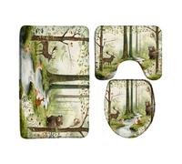 Spring Rustic Trees Animal Cabin Bear Deer Green Tree River Trees Wildlife Watercolor Nature Scenery Copriwater Set 3 Pezzi, Zerbino Antipolvere Tappetino Contorno Wc Per La Casa Toeletta