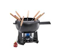 Spring Set per fonduta in ghisa, nero, Ø 20 cm, con 8 forchette per fonduta e paraspruzzi | per fonduta di formaggio, fonduta di carne, bruciatore Rechaud