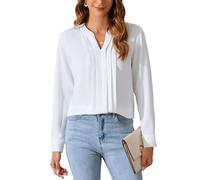 SPRING SEAON Camicetta da donna con bottoni, a maniche lunghe, in raso, con colletto a V, elegante, casual, per uscire e lavorare in ufficio, bianco, XS