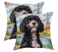 Spring - Set di 2 federe per cuscini con motivo cane d'acqua portoghese, morbide e romantiche, stampa di torri da 30,5 x 30,5 cm, in velluto, decorazione per divano e soggiorno