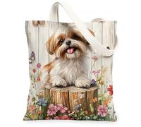 Spring Shih Tzu Dog Canvas Tote Bag per lo shopping 13 * 15, floreale ceppo di legno riutilizzabile borsa della spesa per donne, Pet Travel modello regalo decorazione