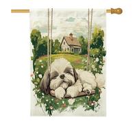 Spring Shih Tzu Dog Front Yard Backyard Vertical House Bandiere 28x40 Double Face per esterni, Farmhouse Swing Puppy Home Stampato Bandiera, Divertente Pet Home Outdoor Decorazione