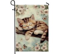 Spring Summer Cute Cat Brown Kitty Flower Butterfly Bandiera Da Giardino Stagionale Bandiera Da Cortile Divertenti Bandiere Da Giardino Per Patio Parete Balcone 30X45Cm