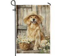 Spring Summer Golden Retriever Dog Hat Flower Bandiera Da Giardino Colore Vivido Bandiere Verticale Resistente Alle Intemperie Bandiera Per Interno Giardino Festival 30X45Cm