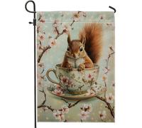 Spring Summer Squirrel Light Blue Flower Teacup Bandiere Verticale Durevole Flag Robuste Bandiere Per Portico Interno Esterno 30X45Cm