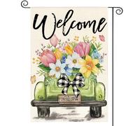 Spring Tulip Seasonal Flower Truck Rustic Bandiere Verticale Resistente Alle Intemperie Flag Doppia Faccia Bandiera Da Giardino Per Interno Feste Decorazione 30X45Cm