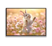 Spring Vibes Bunny Field Canvas Art Wall Art Immagini di animali carini Stampe di fiori prato Coniglio pastorale Pittura della natura per la decor della camera dei bambini 80x120cm con cornice nera