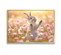 Spring Vibes Bunny Field Canvas Wall Art Immagini di animali carini Stampe di fiori prato Coniglio pastorale natura pittura per la decor della stanza della scuola materna 60x92cm con cornice in oro