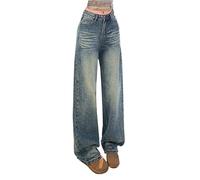Spring Washed Yellow Cat Retro Old Light Blue Jeans da uomo e da donna Loose American High Street Retro Straight Jeans corti da donna nero, Blu scuro, S