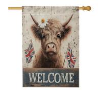 Spring Welcome Highland Cow Garden Flag, Union Jack Daisy Flower - Striscione su entrambi i lati in iuta per cortile, rustico, decorazione per la casa stagionale all'aperto, 71 x 101 cm