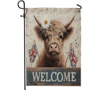 Spring Welcome Highland Cow Garden Flag, Union Jack Daisy Flower - Striscione su entrambi i lati in iuta, decorazione rustica per la casa stagionale all'aperto 30,5 x 45,7 cm