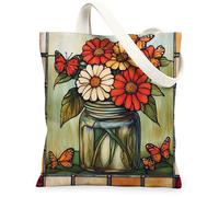 Spring Zinnia - Borsa tote in tela per lo shopping, 33 x 38 cm, con fiori e foglie, riutilizzabile, per donne, per lavori floreali, viaggi, pittura, decorazione regalo