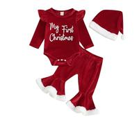 Springcmy Baby Girl My 1st Christmas Outfits manica lunga pagliaccetto top + pantaloni a campana di Babbo Natale + fascia 3 pezzi vestiti set, Un Natale rosso, 12-18 Months