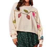 Springcmy Felpa da donna con paillettes glitterate di Babbo Natale scintillante a maniche lunghe casual girocollo pullover natalizio top streetwear, E Albicocca, S