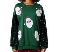 Springcmy Felpa da donna con paillettes glitterate di Babbo Natale scintillante a maniche lunghe casual girocollo pullover natalizio top streetwear, D Verde Scuro, L